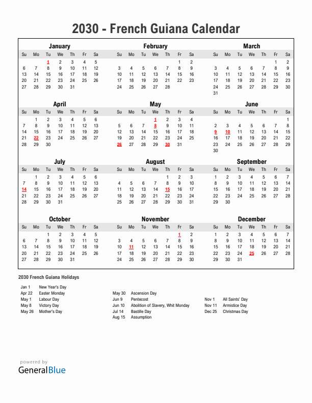 Year 2030 Simple Calendar With Holidays in French Guiana