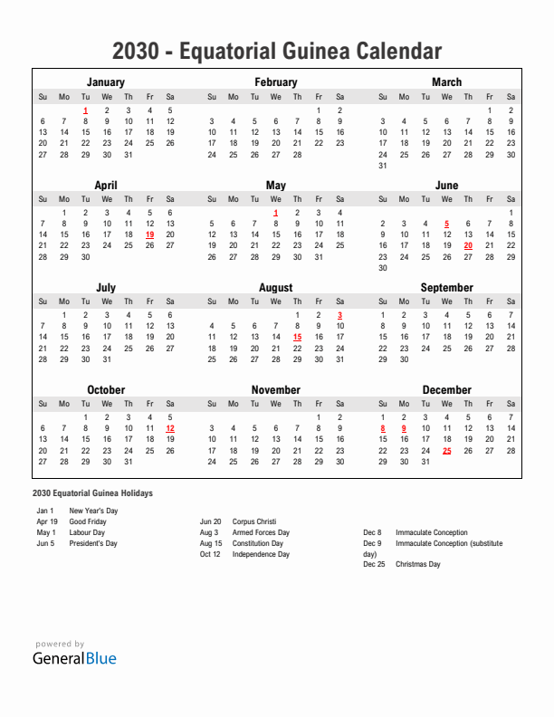 Year 2030 Simple Calendar With Holidays in Equatorial Guinea