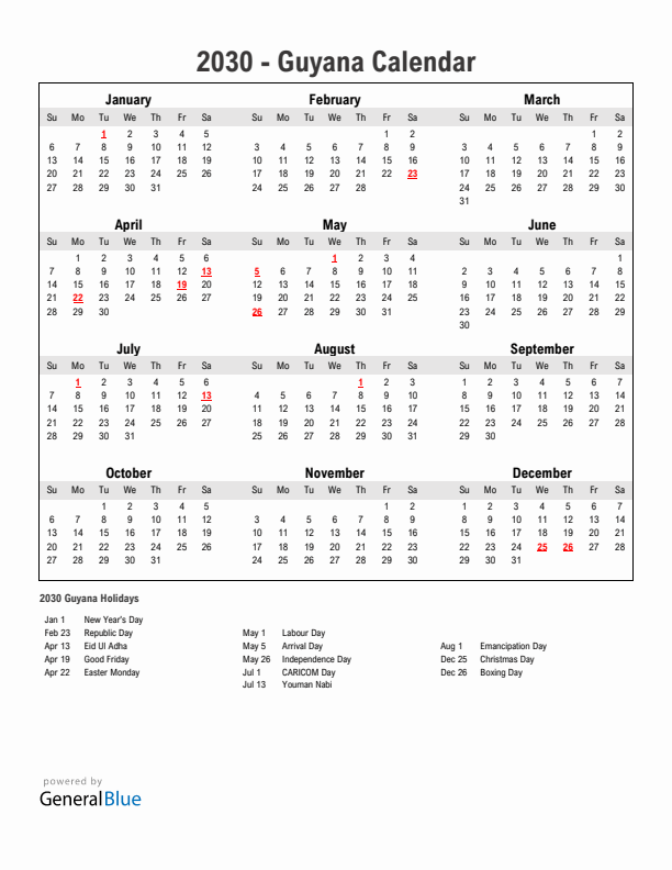 Year 2030 Simple Calendar With Holidays in Guyana