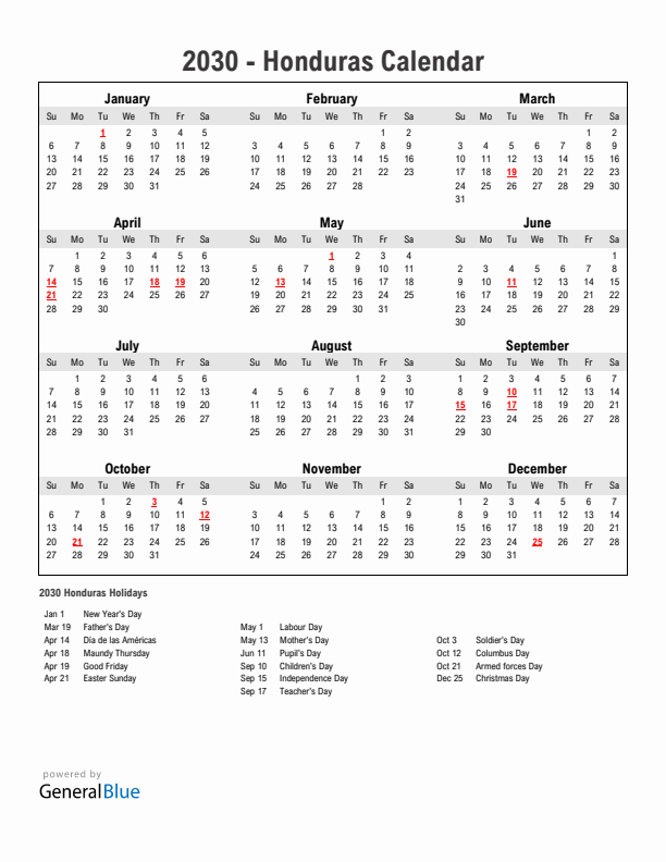 Year 2030 Simple Calendar With Holidays in Honduras