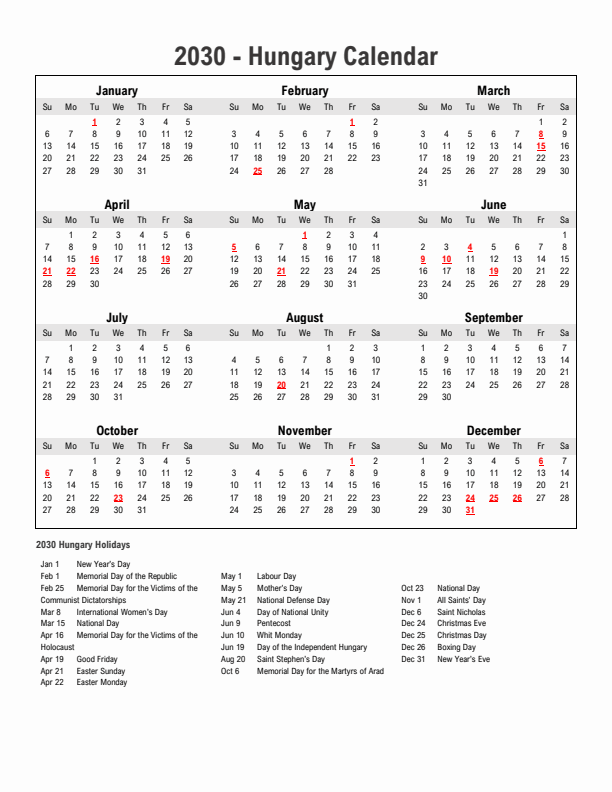 Year 2030 Simple Calendar With Holidays in Hungary