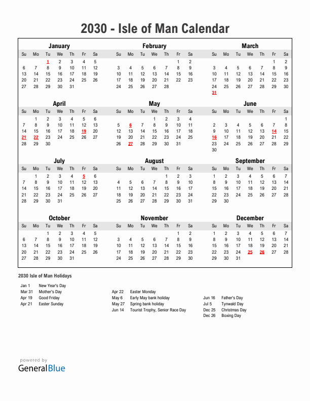 Year 2030 Simple Calendar With Holidays in Isle of Man