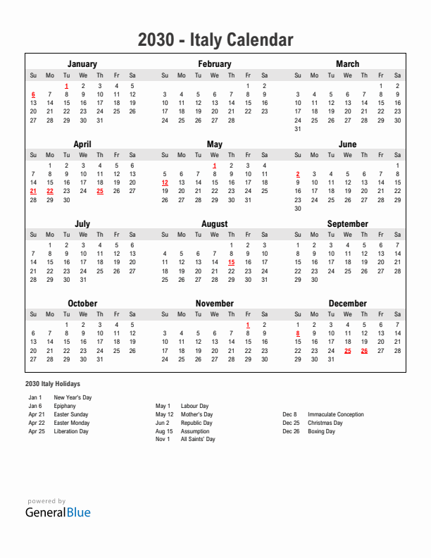 Year 2030 Simple Calendar With Holidays in Italy