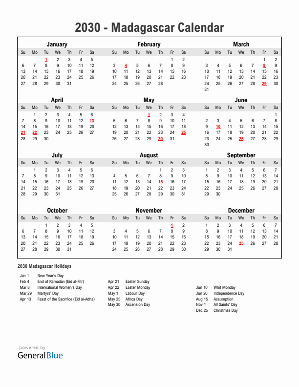 Year 2030 Simple Calendar With Holidays in Madagascar