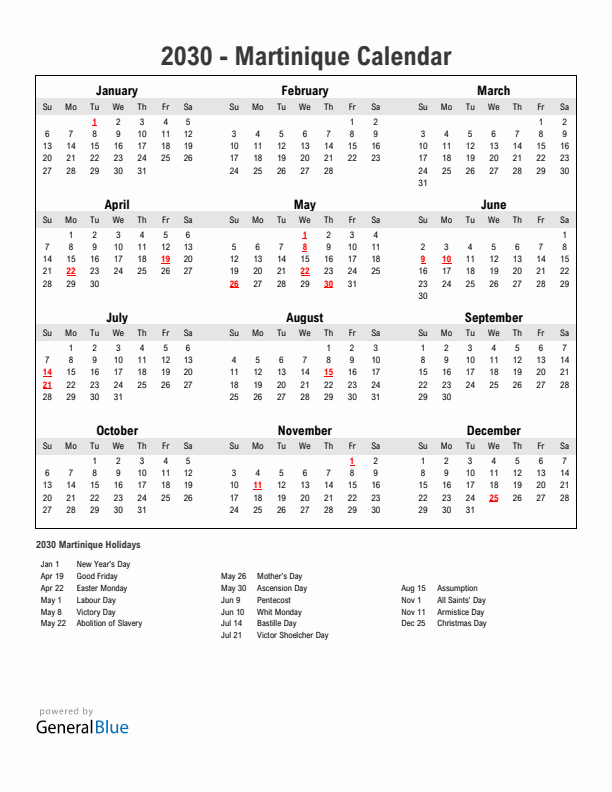 Year 2030 Simple Calendar With Holidays in Martinique