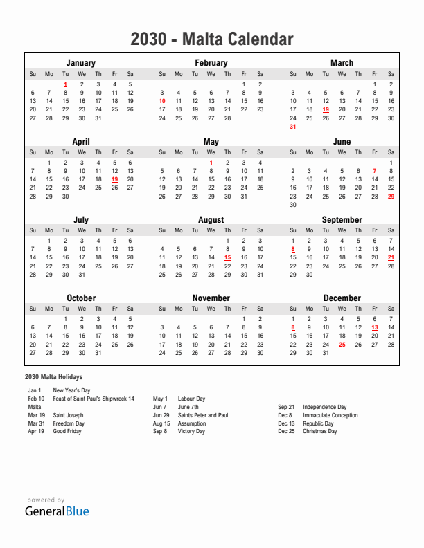 Year 2030 Simple Calendar With Holidays in Malta