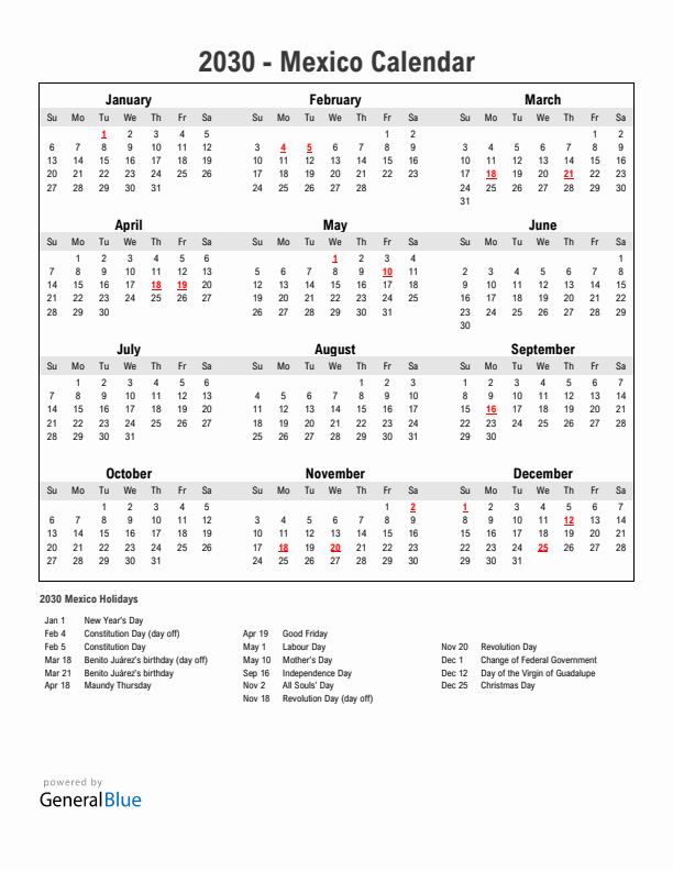 Year 2030 Simple Calendar With Holidays in Mexico