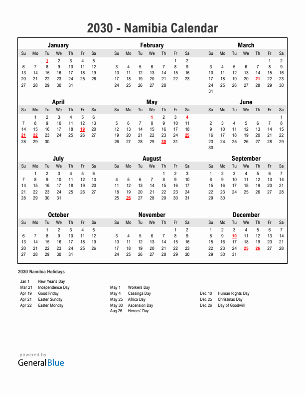 Year 2030 Simple Calendar With Holidays in Namibia