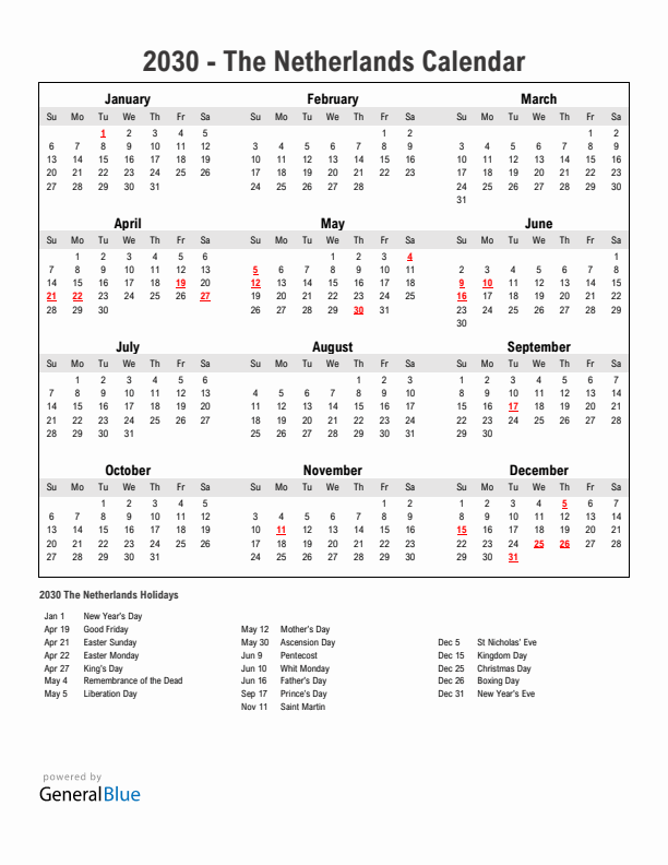 Year 2030 Simple Calendar With Holidays in The Netherlands