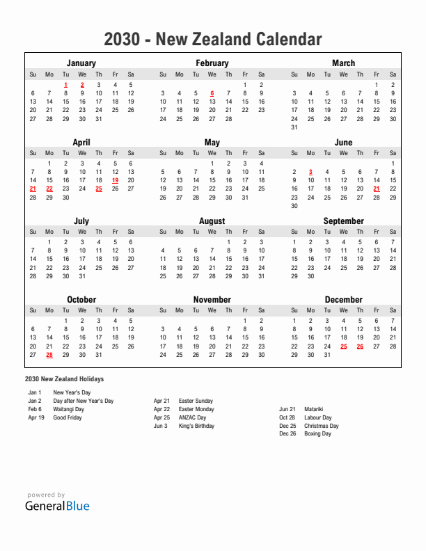 Year 2030 Simple Calendar With Holidays in New Zealand