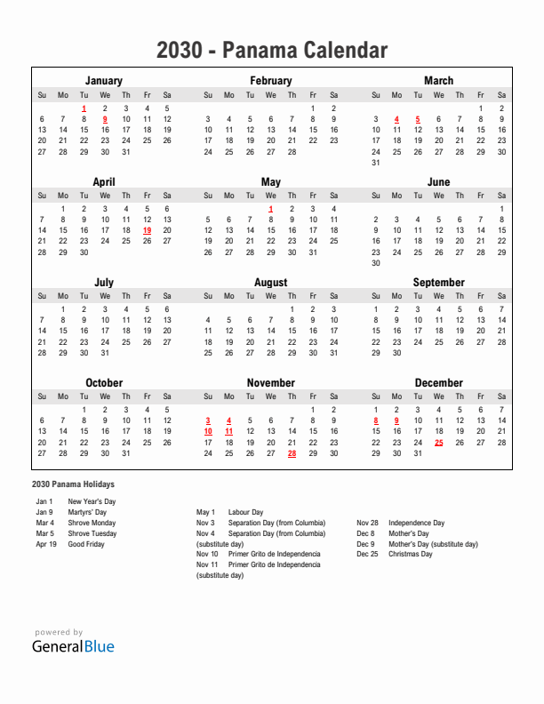 Year 2030 Simple Calendar With Holidays in Panama