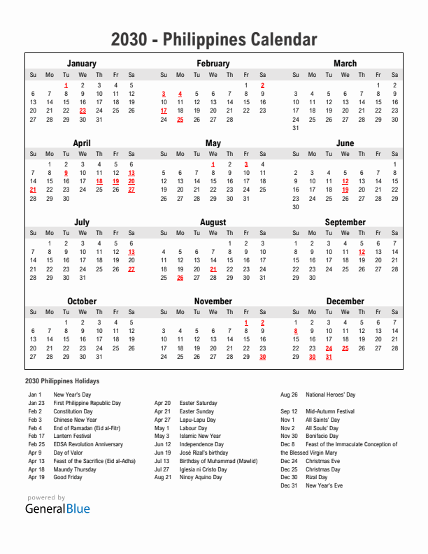 Year 2030 Simple Calendar With Holidays in Philippines