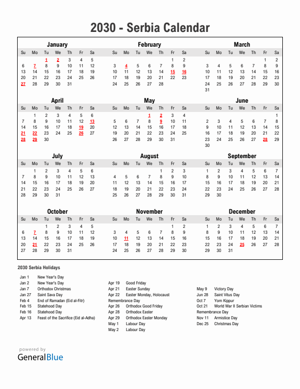 Year 2030 Simple Calendar With Holidays in Serbia