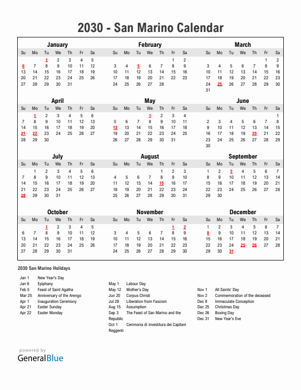 Year 2030 Simple Calendar With Holidays in San Marino