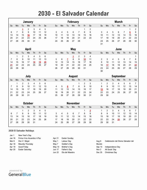 Year 2030 Simple Calendar With Holidays in El Salvador