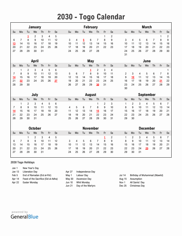 Year 2030 Simple Calendar With Holidays in Togo