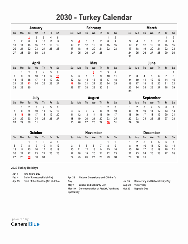 Year 2030 Simple Calendar With Holidays in Turkey