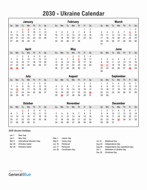 Year 2030 Simple Calendar With Holidays in Ukraine