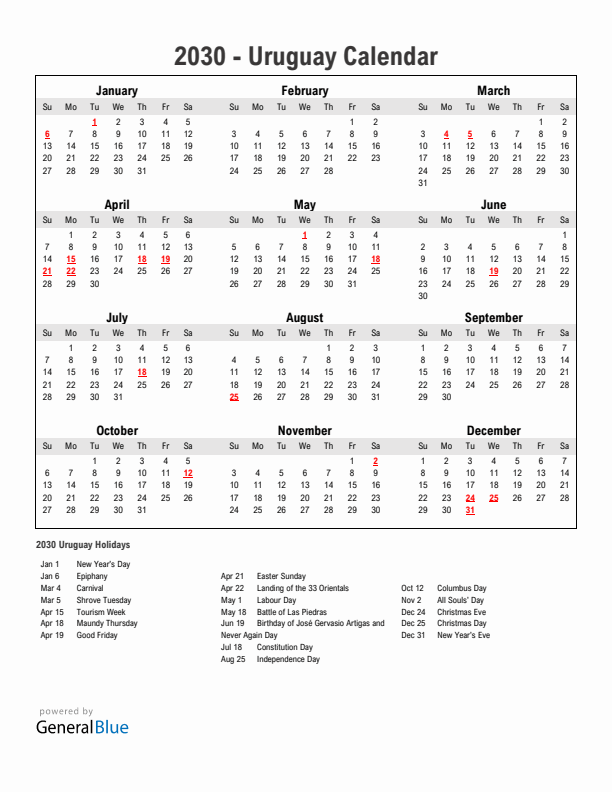 Year 2030 Simple Calendar With Holidays in Uruguay