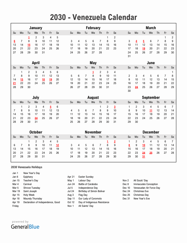 Year 2030 Simple Calendar With Holidays in Venezuela