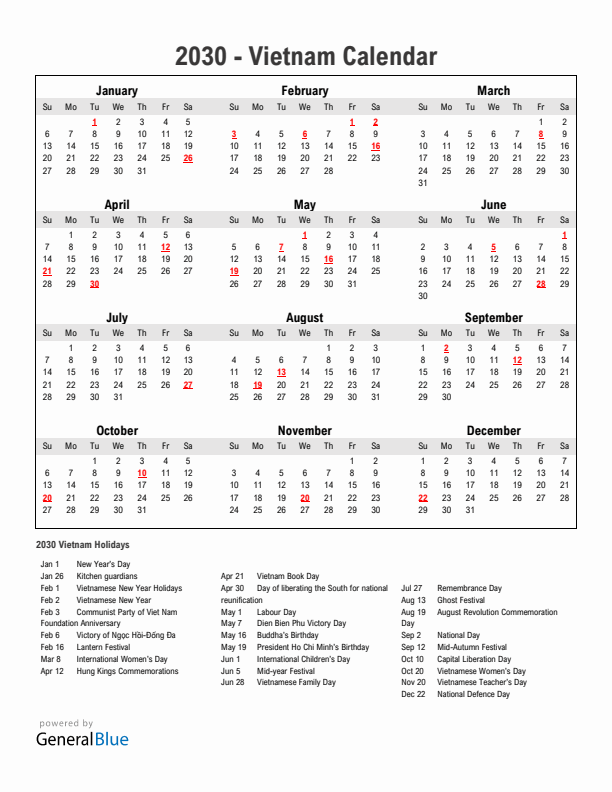 Year 2030 Simple Calendar With Holidays in Vietnam