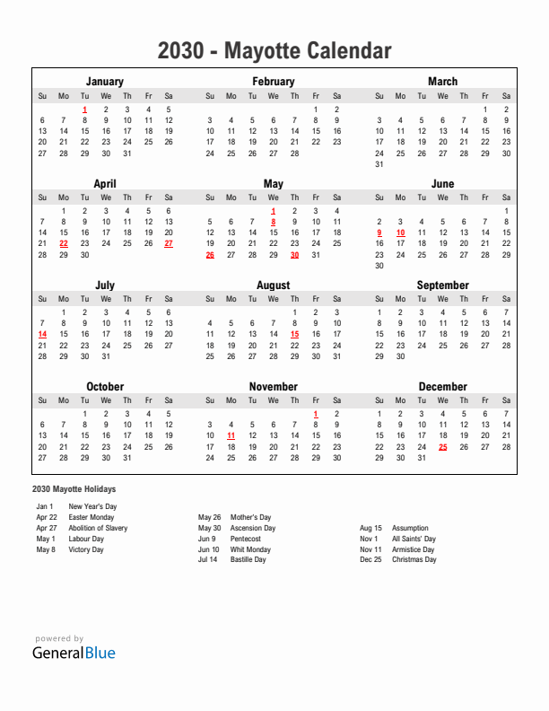 Year 2030 Simple Calendar With Holidays in Mayotte