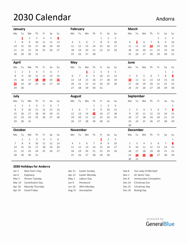 Standard Holiday Calendar for 2030 with Andorra Holidays 