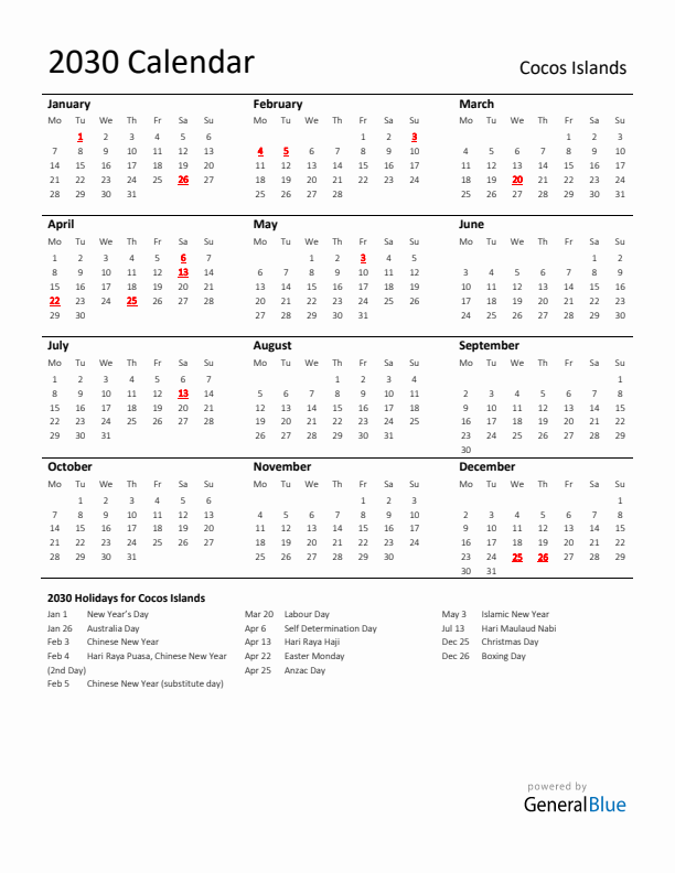 Standard Holiday Calendar for 2030 with Cocos Islands Holidays 