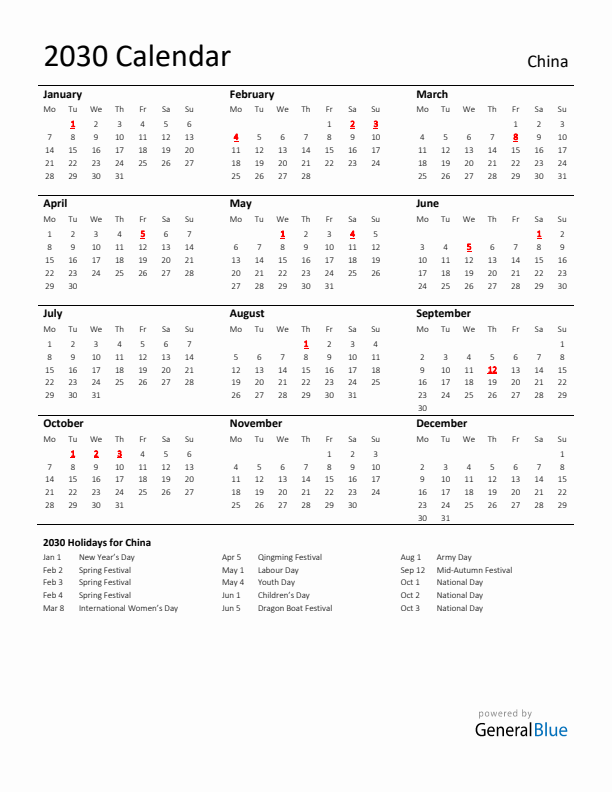 Standard Holiday Calendar for 2030 with China Holidays 