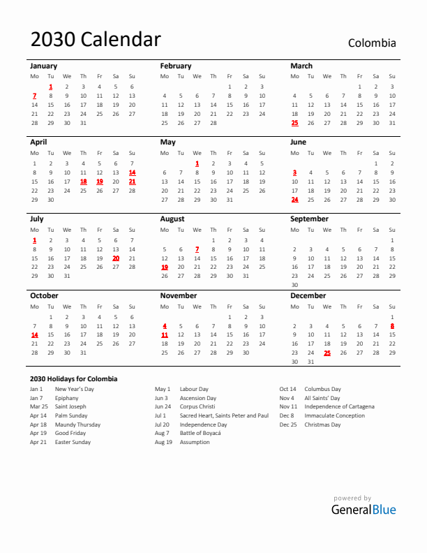 Standard Holiday Calendar for 2030 with Colombia Holidays 