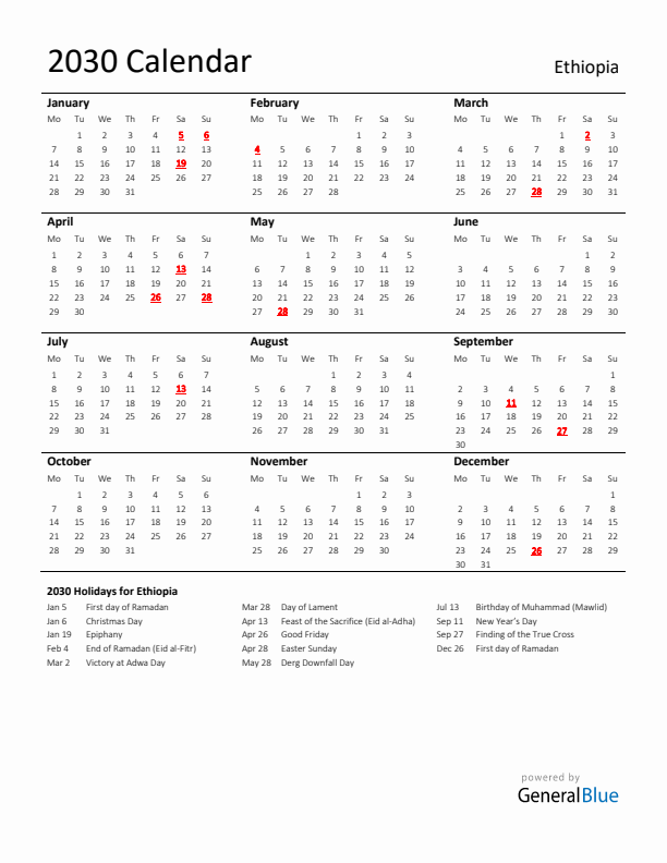 Standard Holiday Calendar for 2030 with Ethiopia Holidays 