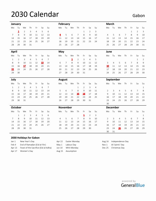 Standard Holiday Calendar for 2030 with Gabon Holidays 