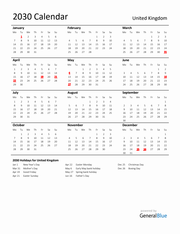 Standard Holiday Calendar for 2030 with United Kingdom Holidays 