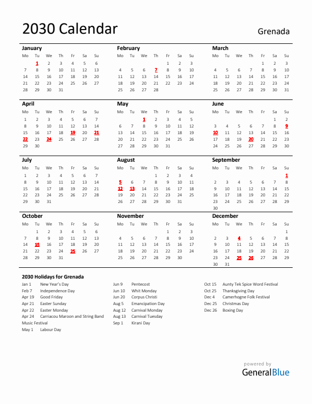 Standard Holiday Calendar for 2030 with Grenada Holidays 