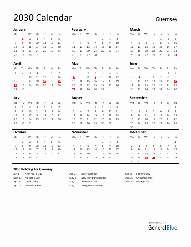 Standard Holiday Calendar for 2030 with Guernsey Holidays 