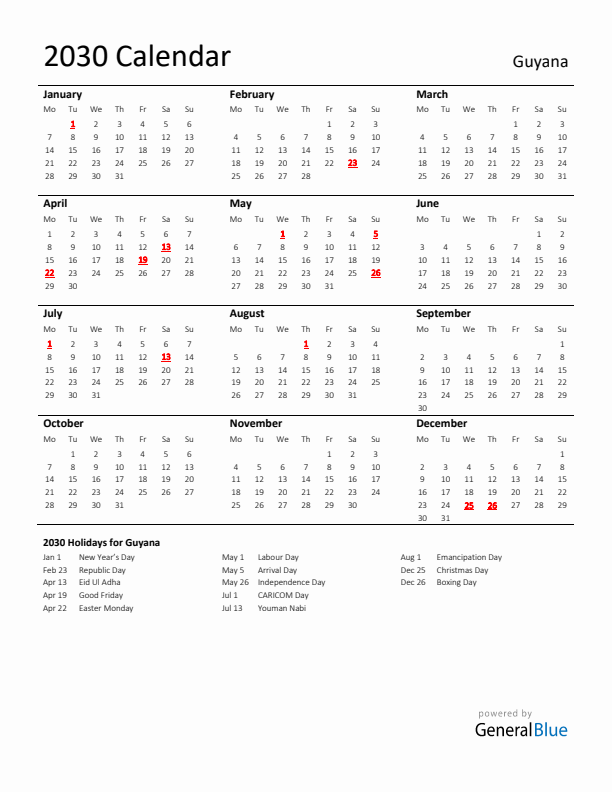 Standard Holiday Calendar for 2030 with Guyana Holidays 