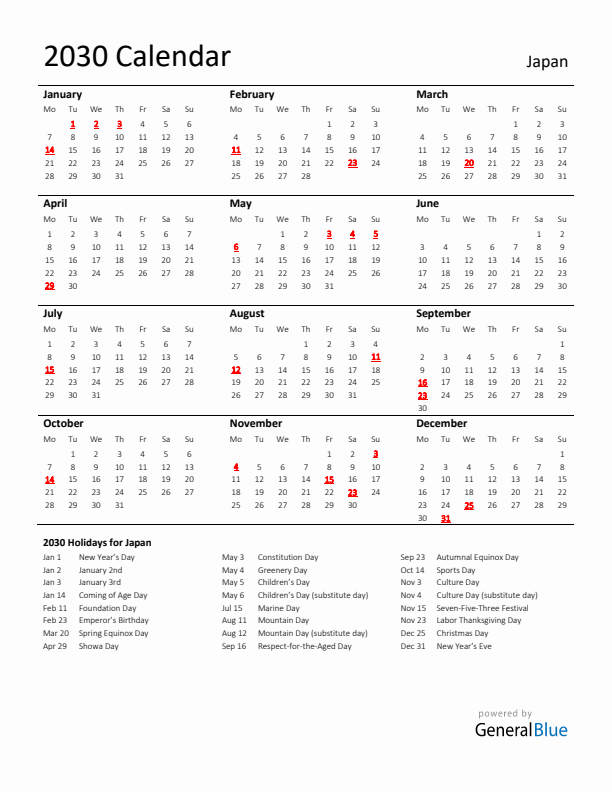 Standard Holiday Calendar for 2030 with Japan Holidays 