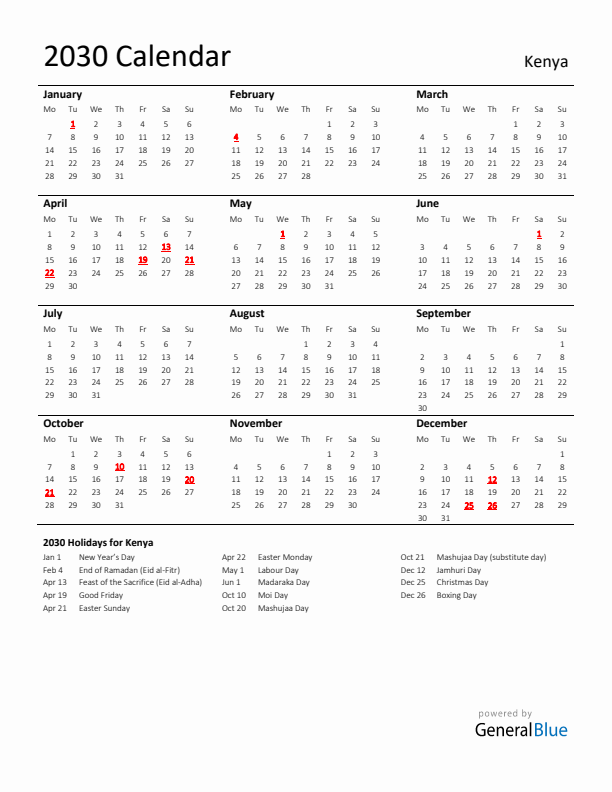 Standard Holiday Calendar for 2030 with Kenya Holidays 