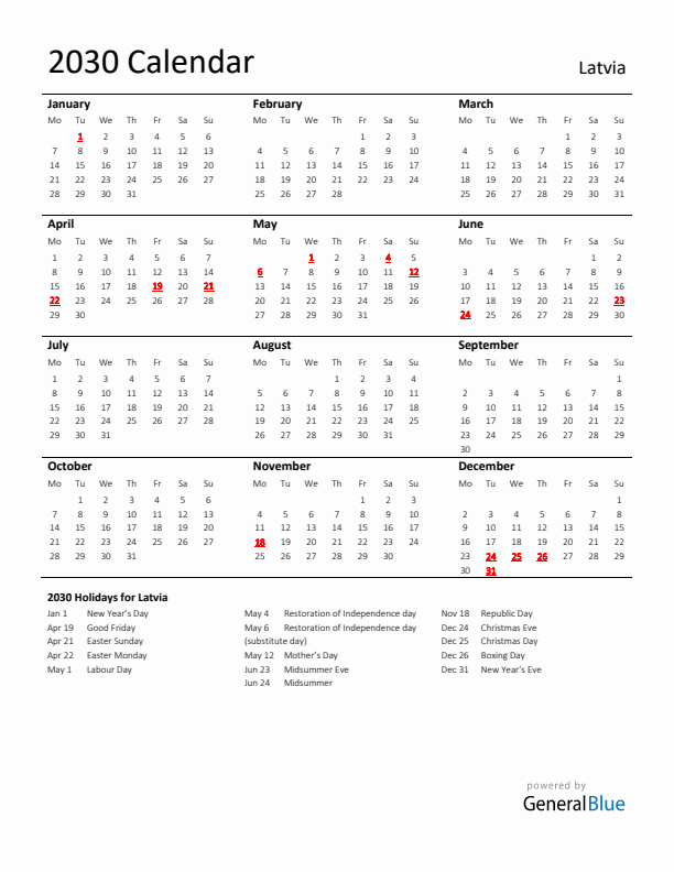 Standard Holiday Calendar for 2030 with Latvia Holidays 