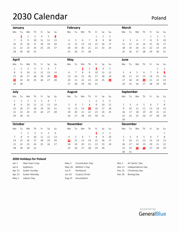 Standard Holiday Calendar for 2030 with Poland Holidays 