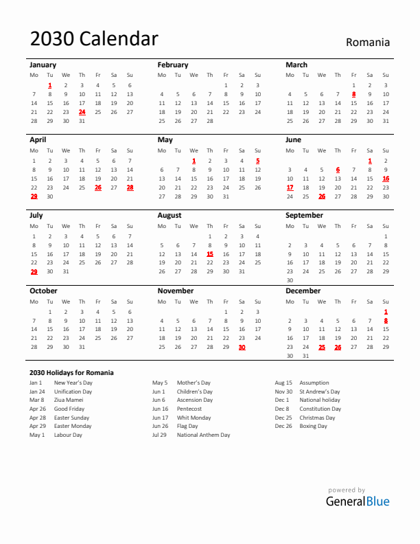 Standard Holiday Calendar for 2030 with Romania Holidays 