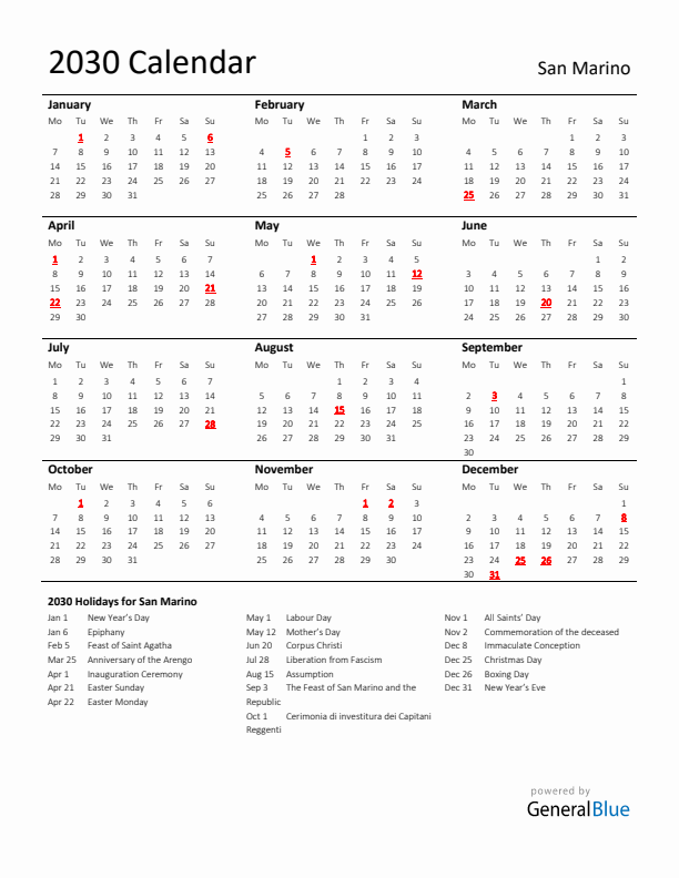 Standard Holiday Calendar for 2030 with San Marino Holidays 