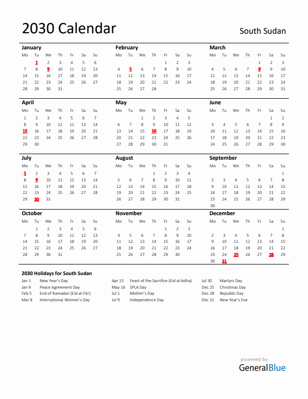 Standard Holiday Calendar for 2030 with South Sudan Holidays 