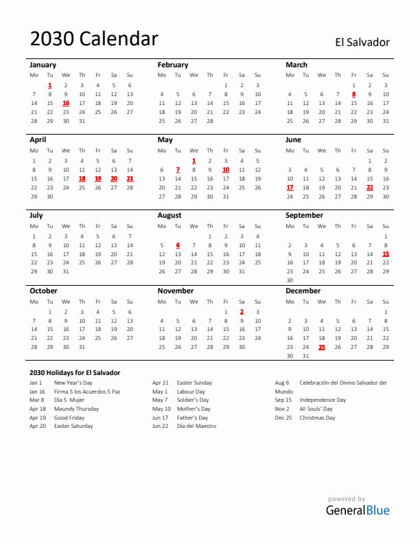 Standard Holiday Calendar for 2030 with El Salvador Holidays 