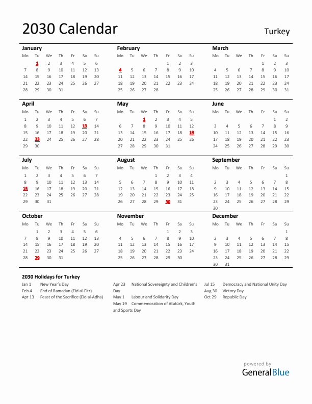 Standard Holiday Calendar for 2030 with Turkey Holidays 