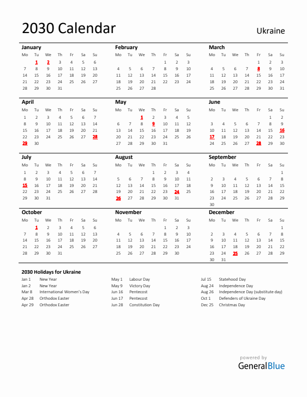 Standard Holiday Calendar for 2030 with Ukraine Holidays 