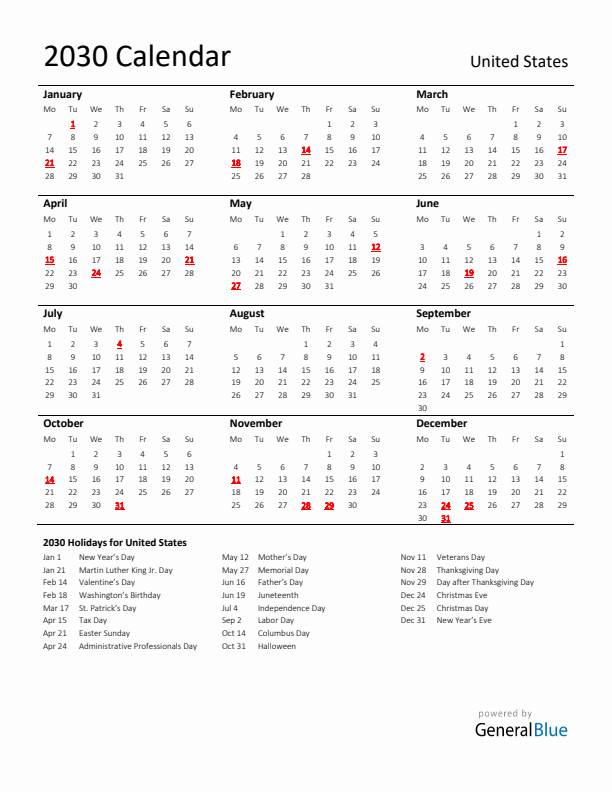 Standard Holiday Calendar for 2030 with United States Holidays 