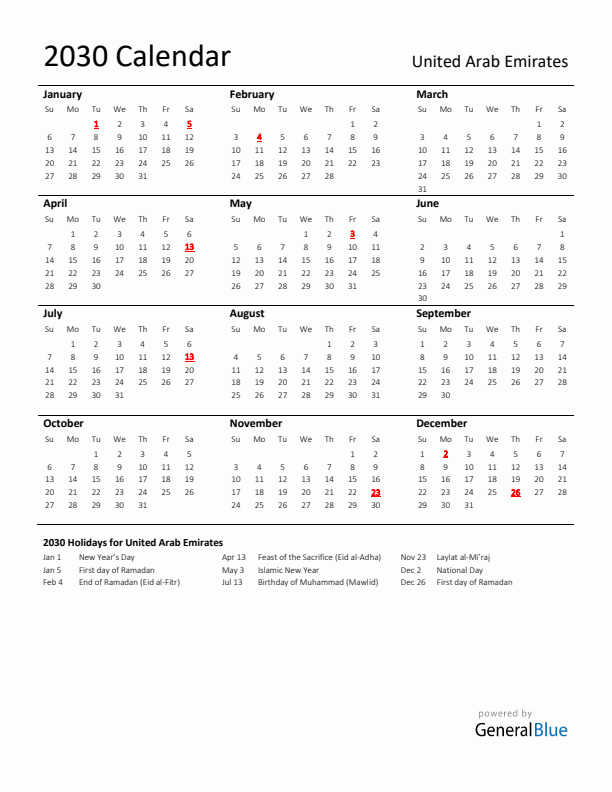 Standard Holiday Calendar for 2030 with United Arab Emirates Holidays 