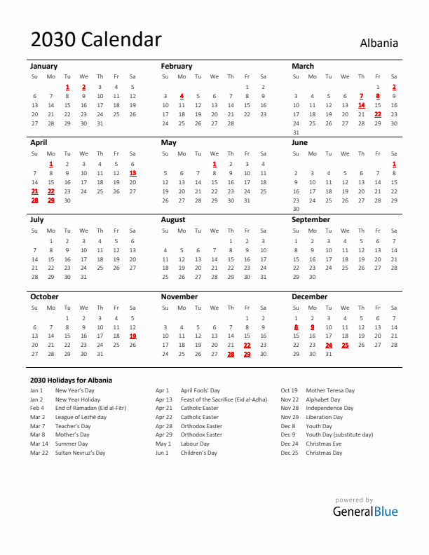 Standard Holiday Calendar for 2030 with Albania Holidays 