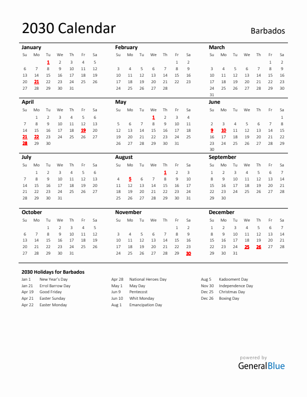 Standard Holiday Calendar for 2030 with Barbados Holidays 